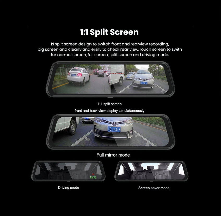 Car rearview mirror with split screen display showing front and rear views, and various modes.