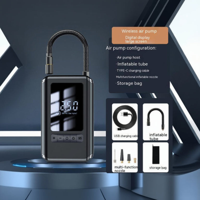 Wireless air pump with digital display on a dark background